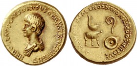 Nero caesar, 50 – 54. Aureus 50-54, AV 7.71 g. NERO CLAVD CAES DRVSVS GERM PRINC IVVENT Bare-headed and draped bust l. Rev. SACERD COOPT IN OMN CONL S...