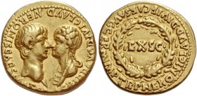 Nero caesar, 50 – 54. Aureus October-December 54, AV 7.58 g. AGRIPP AVG DIVI CLAVD NERONIS CAES MATER Confronted busts of Nero, bare-headed r., and Ag...