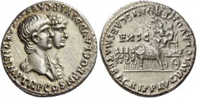 Nero augustus, 54 – 68. Denarius 55, AR 3.66 g. NERO CLAVD DIVI F CAES AVG GERM IMP TR P COS Jugate busts r. of Nero, bare-headed and with drapery at ...