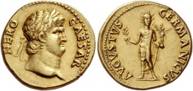 Nero augustus, 54 – 68. Aureus 64-65, AV 7.23 g. NERO – CAESAR Laureate head r. Rev. AVGVSTVS GERMANICVS Nero, radiate, standing facing, holding branc...