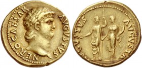 Nero augustus, 54 – 68. Aureus circa 64-65, AV 7.30 g. NERO CAESAR – AVGVSTVS Laureate head r. Rev. AVGVSTVS – AVGVSTA Nero, radiate and togate, holdi...
