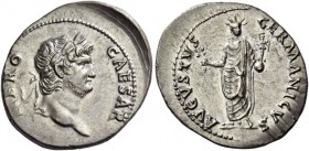 Nero augustus, 54 – 68. Denarius circa 64-65, AR 3.45 g. NERO – CAESAR Laureate head r. Rev. AVGVSTVS – GERMANICVS Nero, radiate and togate, standing ...