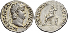 Nero augustus, 54 – 68. Denarius circa 64-65, AR 3.55 g. NERO CAESAR – AVGVSTVS Laureate head r. Rev. IVPPITER – CVSTOS Jupiter seated l., holding thu...
