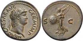 Nero augustus, 54 – 68. As circa 65, Æ 13.46 g. NERO CAESAR AVG – GERM IMP Laureate head r. Rev. S – C Victory flying l., holding in both hands shield...