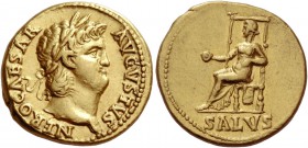 Nero augustus, 54 – 68. Aureus circa 65-66, AV 7.38 g. NERO CAESAR – AVGVSTVS Laureate head r. Rev. Salus seated l. on throne, holding patera in l. ha...