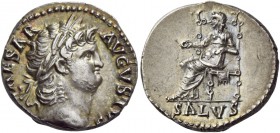 Nero augustus, 54 – 68. Denarius 65-66, AR 3.56 g. CAESAR – AVGVSTVS Laureate head r. Rev. Salus seated on throne l., holding patera in r. hand; in ex...