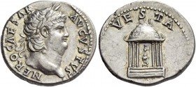 Nero augustus, 54 – 68. Denarius 65-66, AR 3.45 g. NERO CAESAR – AVGVSTVS Laureate head r. Rev. VESTA Domed hexastyle temple; within which, statue of ...