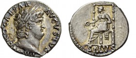 Nero augustus, 54 – 68. Denarius circa 66-67, AR 3.56 g. IMP NERO CAESAR – AVGVSTVS Laureate head with beard r. Rev. Salus seated l. on throne; in exe...