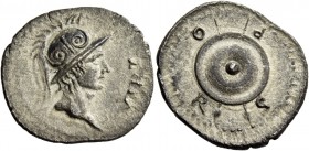 The Civil Wars, 68 – 69. Denarius, Gaul 68-69, AR 2.92 g. VIRT Helmeted bust of Virtus r. Rev. S – P – Q – R between crossed spears lying beneath shie...