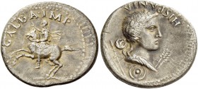 Galba, 68 – 69. Denarius, Spanish mint, Tarraco (?) circa April-late 68, AR 3.39 g. GALBA IMP Galba, bare-headed, in military attire, with r. hand ext...