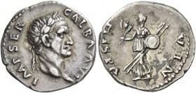 Galba, 68 – 69. Denarius, circa July 68 - January 69, AR 3.51 g. IMP SER – GALBA AVG Laureate head r. Rev. HISPA – NIA Hispania, draped, advancing l.,...