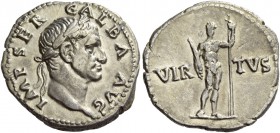 Galba, 68 – 69. Denarius, circa 68 – 69, AR 3.24 g. IMP SER – GALBA AVG Laureate head r. Rev. VIR – TVS Virtus standing facing r., leaning on spear an...