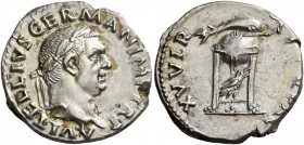 Vitellius, January – December 69. Denarius 19 April – 20 December 69, AR 3.14 g. A VITELLIVS GERMAN IMP TR P Laureate head r. Rev. [SAC]R FAC – XV VIR...