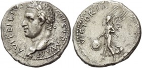 Vitellius, January – December 69. Denarius, Tarraco (?) 69, AR 3.59 g. A VITELLIVS – IMP GERMAN Laureate head l. with globe at point of bust. Rev. VIC...