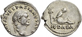 Vespasian, 69 – 79. Denarius December 69-early 70, AR 3.56 g. CAESAR VESPASIANVS AVG Laureate head r. Rev. Judaea seated r. on ground with hands bound...