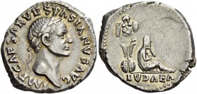 Vespasian, 69 – 79. Denarius December 69 – early 70, AR 3.50 g. IMP CAESAR VESPASIANVS AVG Laureate head r. Rev. IVDAEA Judaea seated l. in attitude o...