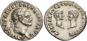 Vespasian, 69 – 79. Denarius January-June 70, AR 3.67 g. IMP CAESAR VESPASIANVS AVG Laureate head r. Rev. CAESAR AVG F COS CAESAR AVG F P R Confronted...