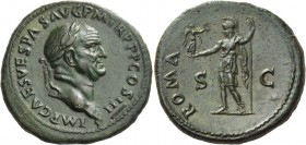 Vespasian, 69 – 79. Sestertius 71, Æ 24.46 g. IMP CAES VESPAS AVG P M TR P P P COS III Laureate head r. Rev. ROMA S – C Roma, standing l. holding Vict...