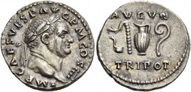 Vespasian, 69 – 79. Denarius 72-73, AR 3.19 g. IMP CAES VESP AVG P M COS IIII Laureate head r. Rev. AVGVR / TRI POT around priestly implements. C 45. ...