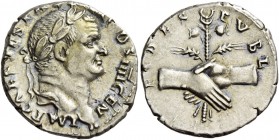 Vespasian, 69 – 79. Denarius 73, AR 3.48 g. IMP CAES VESP AVG P M COS IIII CEN Laureate head r. Rev. FIDES – PVBL Clasped hands over caduceus, two pop...