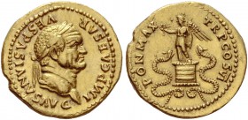 Vespasian, 69 – 79. Aureus 75, AV 7.17 g. IMP CAESAR – VESPASIANVS AVG Laureate head r. Rev. PON MAX – TR P COS VI Victory, holding wreath, standing l...