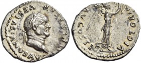 Vespasian, 69 – 79. Quinarius 75 (?), AR 1.59 g. IMP CAESAR VESPASIANVS AVG Laureate head r. Rev. VICTORIA – AVGVSTI Victory advancing r. holding wrea...