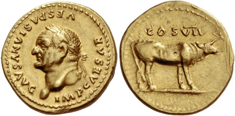 Vespasian, 69 – 79. Aureus 76, AV 7.38 g. IMP CAESAR VESPASIANVS AVG Laureate he...