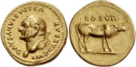 Vespasian, 69 – 79. Aureus 76, AV 7.38 g. IMP CAESAR VESPASIANVS AVG Laureate head l. Rev. COS – VII Cow (?) standing r. C 116. BMC 178. RIC 842. CBN ...