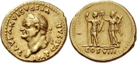 Vespasian, 69 – 79. Aureus 77-78, AV 7.32 g. IMP CAESAR VESPASIANVS AVG Laureate head l. Rev. Vespasianus standing l., in military attire, holding sce...