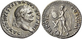 Vespasian, 69 – 79. Denarius 79, AR 3.37 g. IMP CAESAR VESPASIANVS AVG Laureate head r. Rev. TR POT X – COS VIIII Victory standing l. placing shield o...