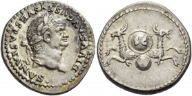 Vespasian, 69 – 79. Divus Vespasianus. Denarius 80-81, AR 3.34 g. DIVVS AVGVSTVS VESPASIANVS Laureate head r. Rev. Two capricorns back to back, suppor...