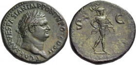 Titus caesar, 69 – 79. Sestertius 72, Æ 26.82 g. T CAESAR VESPASIAN IMP PONT TR POT COS II Laureate head with slight beard r. Rev. S – C Mars advancin...