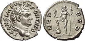 Titus caesar, 69 – 79. Denarius 72-73, AR 3.19 g. T CAES IMP VESP PON TR POT Laureate head with slight beard r. Rev. NEP – RED Neptune standing l. wit...
