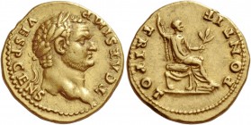Titus caesar, 69 – 79. Aureus 73, AV 7.39 g. VESP CENS – T CAES IMP Laureate head with slight beard r. Rev. PONTIF – TRI POT Titus seated r. on curule...