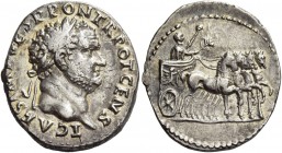 Titus caesar, 69 – 79. Denarius 73, AR 3.38 g. T CAES IMP VESP PON TR POT CENS Laureate head with slight beard r. Rev. Titus in quadriga advancing r. ...