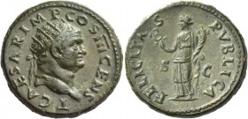 Titus caesar, 69 – 79. Dupondius 74, Æ 13.55 g. T CAESAR IMP COS III CENS Radiate head with slight beard r. Rev. FELICITA – S – PVBLICA Felicitas stan...