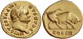 Titus caesar, 69 – 79. Aureus 75, AV 7.22 g. T CAESAR IMP VESPASIAN Laureate head r. Rev. Bull butting r.; in exergue, COS IIII. C 48. BMC Vespasian 1...