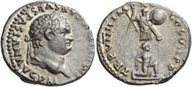 Titus augustus, 79 – 81. Denarius 79 after 1st July, AR 3.64 g. IMP TITVS CAES VESPASIAN AVG P M Laureate head with slight beard r. Rev. TR P VIIII IM...
