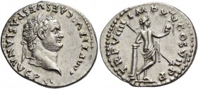 Titus augustus, 79 – 81. Denarius 79 after 1st July, AR 3.53 g. IMP TITVS CAES VESPASIAN AVG P M Laureate head with slight beard r. Rev. TR P VIIII IM...