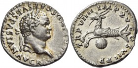 Titus augustus, 79 – 81. Denarius after 1st July 79, AR 3.62 g. IMP TITVS CAES VESPASIAN AVG P M Laureate head r. Rev. TR P VIIII IMP XV COS VII P P C...