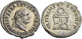 Titus augustus, 79 – 81. Denarius 80, AR 3.35 g. IMP TITVS CAES VESPASIAN AVG P M Laureate head r. Rev. TR P IX IMP XV COS VIII P P Wreath on two curu...