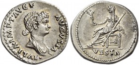 Julia Titi, daughter of Titus. Denarius 80-81, AR 3.54 g. IVLIA IMP T AVG F – AVGVSTA Draped bust r. Rev. Vesta seated l., holding Palladium and scept...