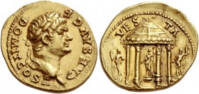 Domitian caesar, 69 - 81. Aureus circa 73, AV 7.38 g. CAES AVG F – DOMIT COS II Laureate head r. Rev. VES – TA Round temple of Vesta with four columns...
