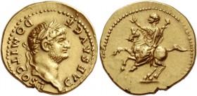 Domitian caesar, 69 - 81. Aureus 73-early 75, AV 7.24 g. DOMIT COS II – CAES AVG F Laureate and bearded head r. Rev. Domitian on horse rearing l., rai...