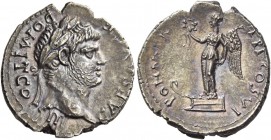Domitian caesar, 69 - 81. Denarius Ephesus (?) 76, AR 2.73 g. CAES AVG F – DOMIT COS III Laureate and bearded head r. Rev. PON MAX – TR P COS VI Victo...