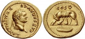 Domitian caesar, 69 - 81. Aureus 77-78, AV 7.35 g. CAESAR AVG F – DOMITIANVS Laureate head r. Rev. COS V She-wolf l., with twins; in exergue, boat. C ...