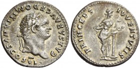 Domitian caesar, 69 - 81. Denarius 79, AR 3.54 g. CAESAR AVG F DOMITIANVS COS VI Laureate and bearded head r. Rev. PRINCEPS – IVVENTVTIS Salus standin...
