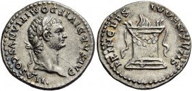 Domitian caesar, 69 - 81. Denarius 80-81, AR 3.53 g. CAESAR DIVI F DOMITIANVS COS VII Laureate and bearded head r. Rev. PRINCEPS – IVVENTVTIS Garlande...
