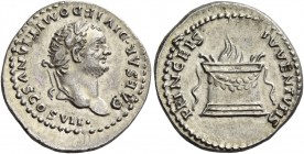 Domitian caesar, 69 - 81. Denarius 80-81, AR 3.41 g. CAESAR DIVI F DOMITIANVS COS VII Laureate and bearded head r. Rev. PRINCEPS – IVVENTVTIS Garlande...