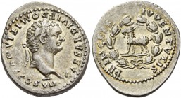 Domitian caesar, 69 - 81. Denarius 80-81, AR 3.50 g. CAESAR DIVI F DOMITIANVS COS VII Laureate and bearded head r. Rev. PRINCEPS – IVVENTVTIS Goat sta...